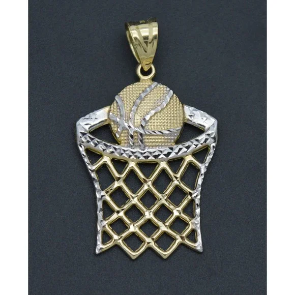 Real 10K Two-Tone Gold 54mm Basketball Hoop Net Sport Diamond Cut Pendant 3.8gr